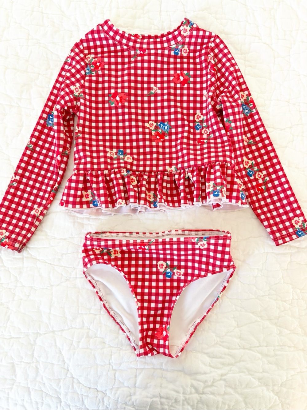 2T • old navy toddler girl red gingham swimsuit long sleeve Rashguard ruffle top
